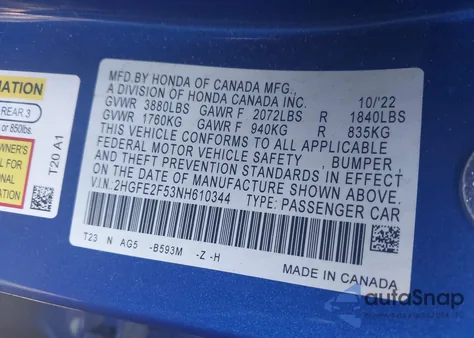 2022 Honda Civic Sport z USA, uszkodzony, nr VIN 2HGFE2F53NH610344